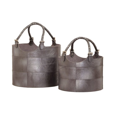 Set of 2 Leather Buckets in Gunmetal design by Lazy Susan